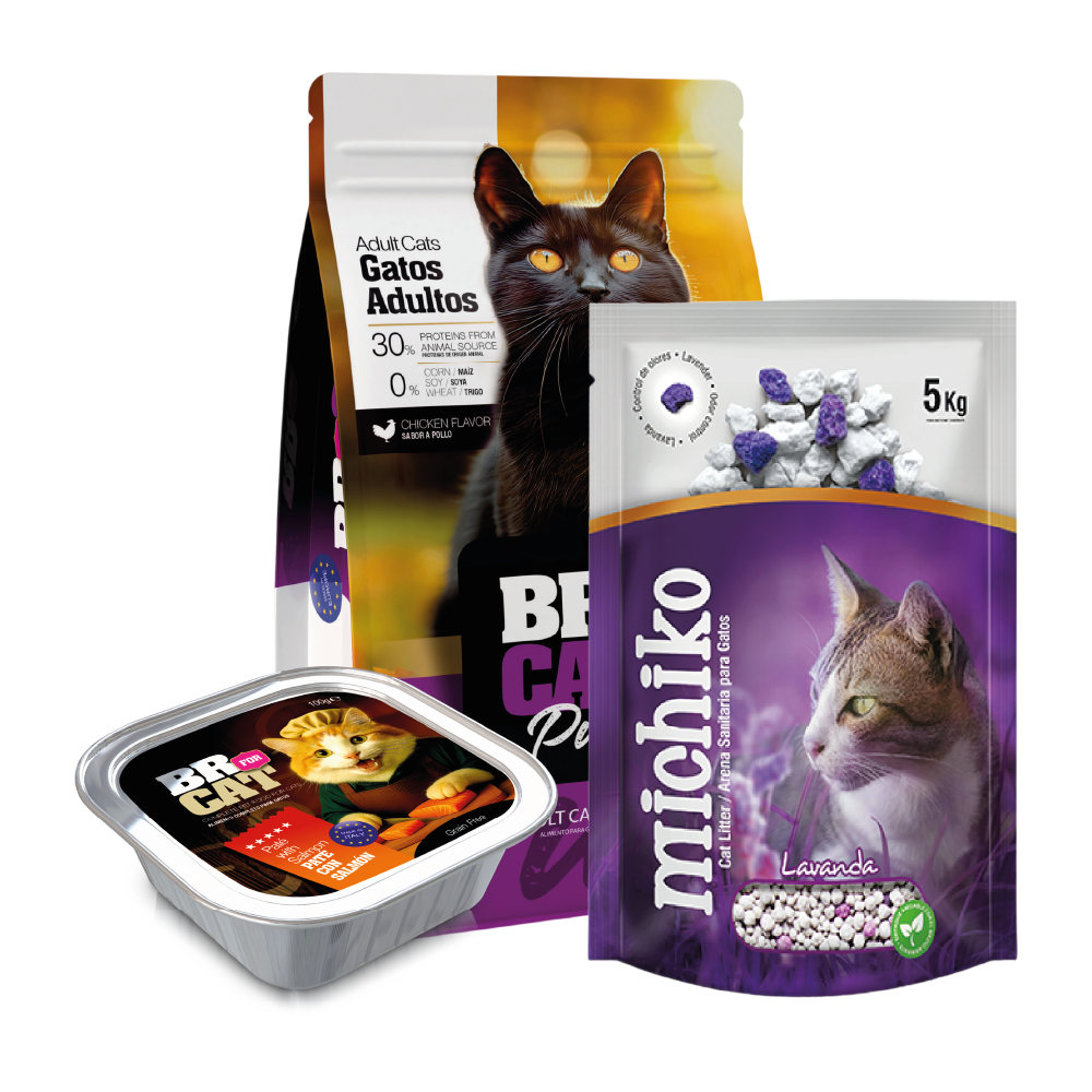 Sin título-1-02 Promo combo; Br for cats adulto pollo 3 kg + Arena muchiko lavanda 5 kg +(gratis) 1 pate salmon br fot cats atún 100 Gr